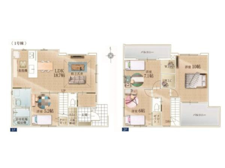 �Ԏ��} LDK18.7���~�Ζʎ��L�b�`���́A�Ƒ��Ƃ̉�b���e�ނ��������ȋ�ԁB
WIC��2�����ASIC�Ȃǎ��[���[����4LDK�I