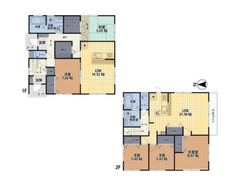 �Ԏ��} �y�Ɨ����̍���5LLDDKK+S�z
���ւ��ʁX�ɐ݂����A1�K��2�K�Ő�����Ԃ���������ƕ������Ă��܂��B
��^�̔[�˂�WIC�A�������[������Ă���A���ו����������ƒ�ł���������ƕ�点�܂��B