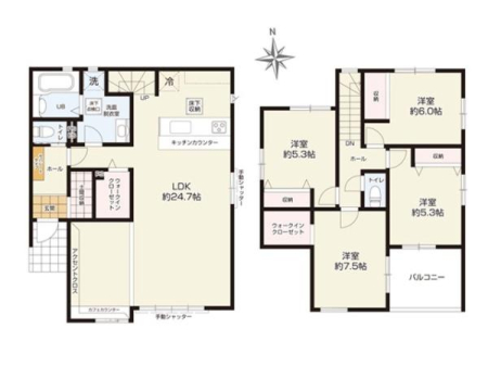 �Ԏ��} LDK��24.7���̑��Ԃɂ̓J�t�F�J�E���^�[���v���X�I
���[�e�B���e�B�⃊�r���O�w�K�ȂǏ_��Ɏg�p�ł��܂��B
2�ӏ���WIC�A����ɓy�Ԏ��[��ݒu�������[�L�x��4LDK�ł��B