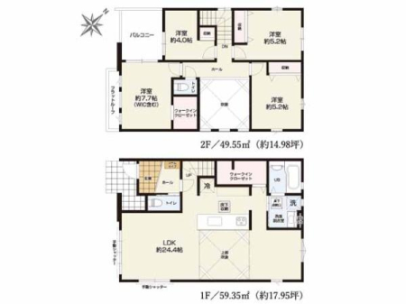 �Ԏ��} �������������A�q��ĉƑ��Ƀs�b�^����4LDK�B�J���I�Ȑ����̗p��LDK24.4���I
1�K��2�K�ɂ͂����Ղ���[�ł���WIC�t���B