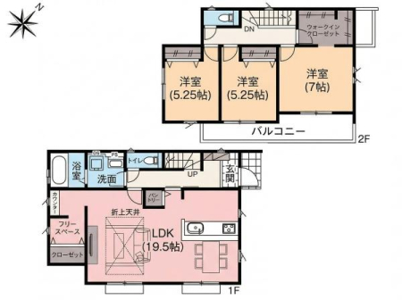 �Ԏ��} 3LDK�{�t���[�X�y�[�X�̊Ԏ��́A���q�l�̐����ɍ��킹���������肪�\�ȏ_�����݌v�B
�L�XLDK19.5���́A�������Ƃ����e���̋�Ԃ��������܂��B