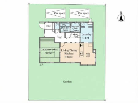 ���} 71�؂̕~�n���ɂ́A����2�䒓�ԉ\�ȃJ�[�X�y�[�X�ƁA���X�̕�炵�ɍʂ��Y���邨��t���B���Ƒ��̂��났�̂ЂƂƂ����x����A�S�n�悢�X�y�[�X�ł��B