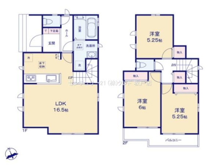 �Ԏ��} �Ζʎ��L�b�`�������r���O�K�i���̗p����LDK16.5���I
2�K�ɂ͗m��3������z�u���A�e�����Ɏ��[��݂����g������̂悢3LDK�B