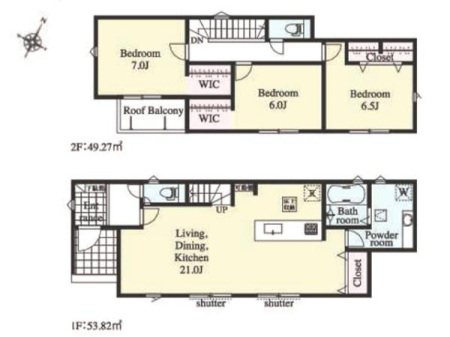 �Ԏ��} 21���̍L�X�Ƃ���LDK�̓��r���O�C���K�i�ł��Ƒ���������킹�₷�������ŁA�Ƒ��Ƃ̎��Ԃ��؂ɂ��������Ƒ��ɃI�X�X���B
WIC�~2�ŉƑ����ꂼ��̐����X�y�[�X���m�ۂł��܂��B