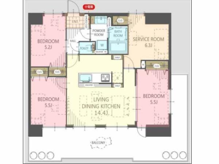 �Ԏ��} ���m�x�[�V�������{�I
10�K�����̓쐼����3SLDK�B
LDK14.4���𒆐S�ɁA3�̗m���ƃT�[�r�X���[����z�u�B
�S�������[�t���ł��B