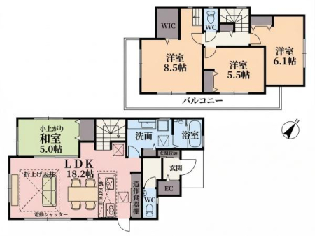 �Ԏ��} WIC��SC�Ȃǎ��[�[����4LDK�I
�܏グ�V�䂪�L����18.2���̑���LDK�B
���オ��̘a���͑��ʂȎg�������\�ł��B