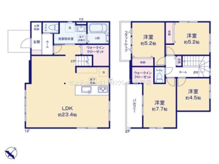 �Ԏ��} 23.4����LDK�ɂ́A�l�C�̑Ζʎ��L�b�`���E���r���O�K�i���̗p���A�u�������܁v�u��������v�������n��A�Ƒ��̏Ί炪���ӂ���ԂƂȂ��Ă��܂��B