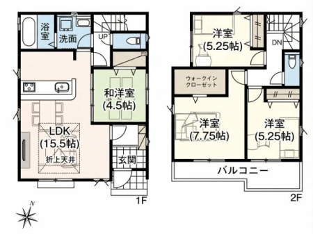 �Ԏ��} �쓌�����Ŗ��邢4LDK�B�q�Ԃ�L�b�Y�X�y�[�X�ȂǂɃs�b�^����1�K�a�m��4.5���B
��Q��7.75���ɂ͑�e��WIC�I