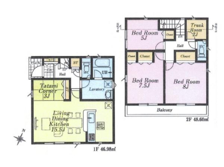 �Ԏ��} �Ζʎ��L�b�`����z�����Ƒ��Ƃ̉�b���e��LDK15.5���B
�^�^�~�R�[�i�[�̓L�b�Y�X�y�[�X�ɂ��s�b�^���ł��B