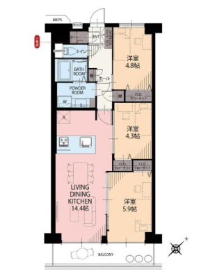 �Ԏ��} �쓌�����o���R�j�[�ɖʂ����A�z����ǍD��LDK14.4���B���r���O�S�̂����n����Ζʎ��L�b�`�����̗p���Ă���A�������������Ƒ��Ƃ̉�b���e�݂܂��B