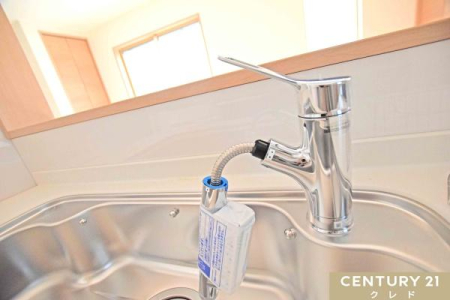 キッチン 洗練されたメタルシャワーヘッドは引き出し可能。
シンクの隅々まで洗い流すのに大変重宝します！